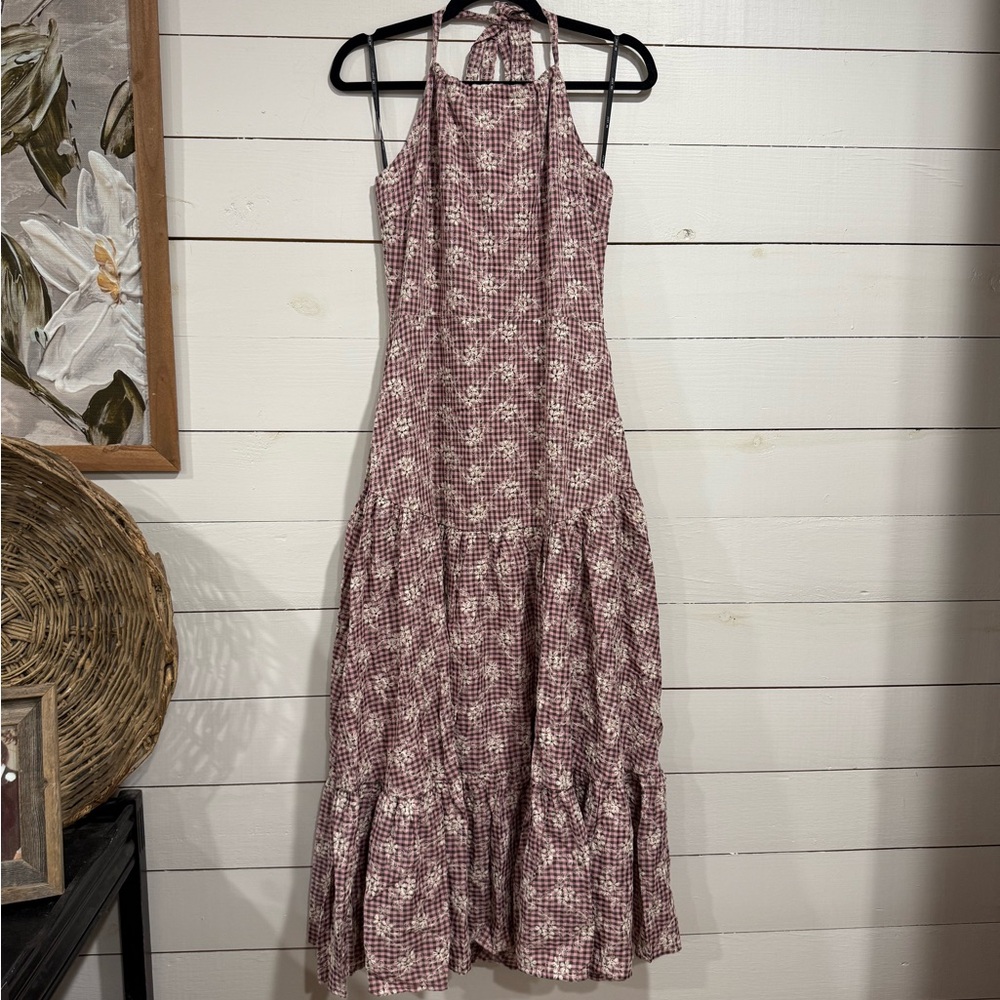Embroidered Floral Pink Gingham Maxi Dress